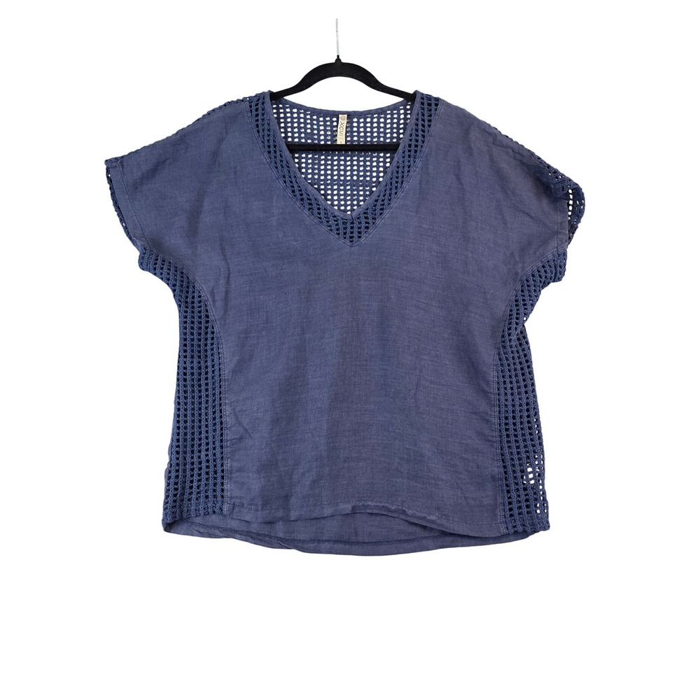 XCVI Womens Blue Linen Crochet Blouse Mesh Panel V-Neck Sheer Top Shirt sz Small